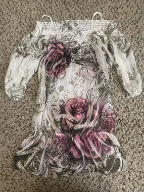 Vintage Y2k Floral Off-Shoulder Blouse with Pink Rose Print